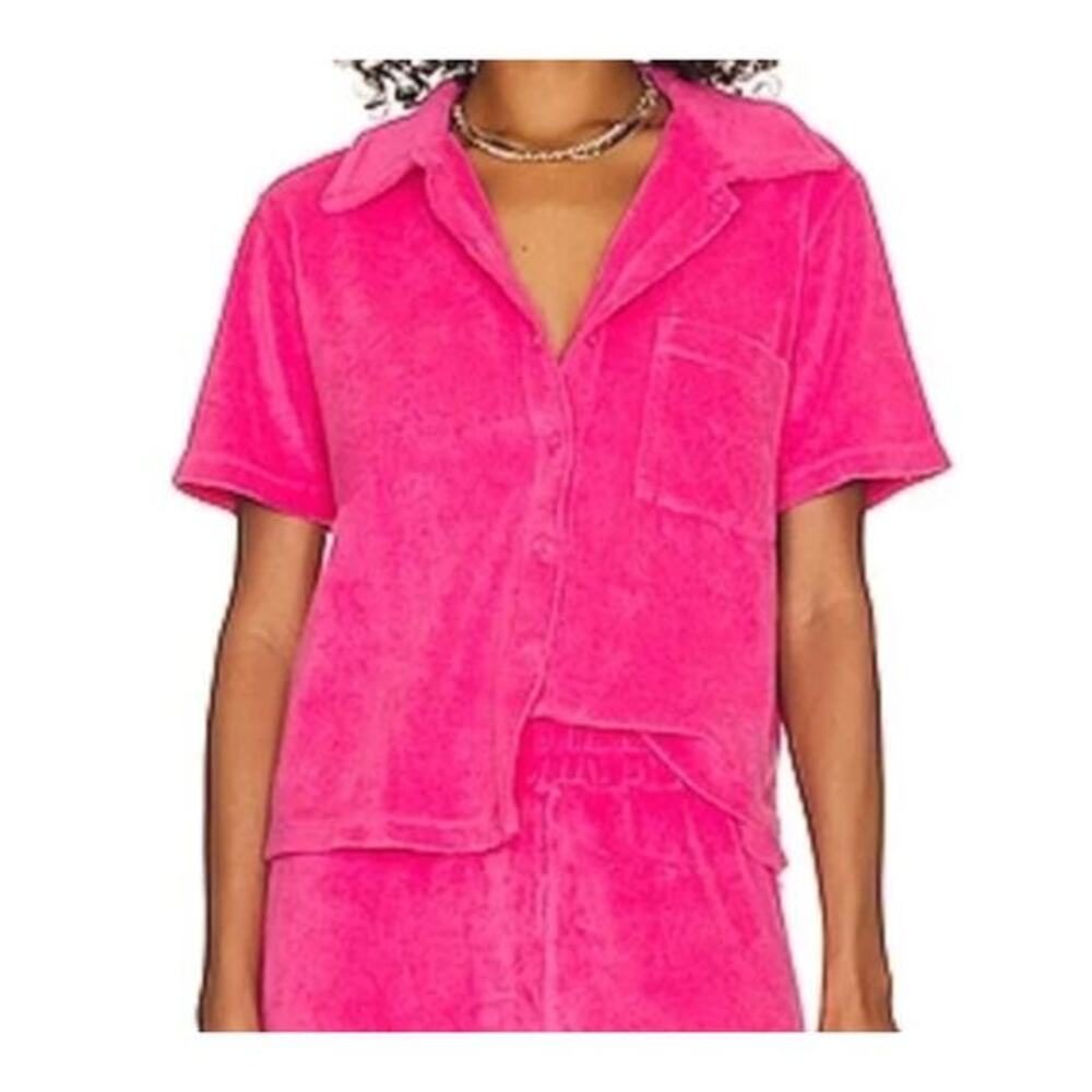 Monrow hot pink terry short sleeve button down